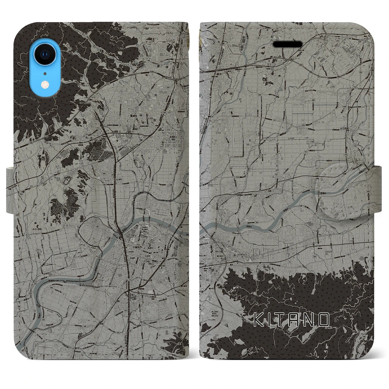 【北野(福岡県)】地図柄iPhoneケース(手帳タイプ)モノトーン・iPhone XR 用
