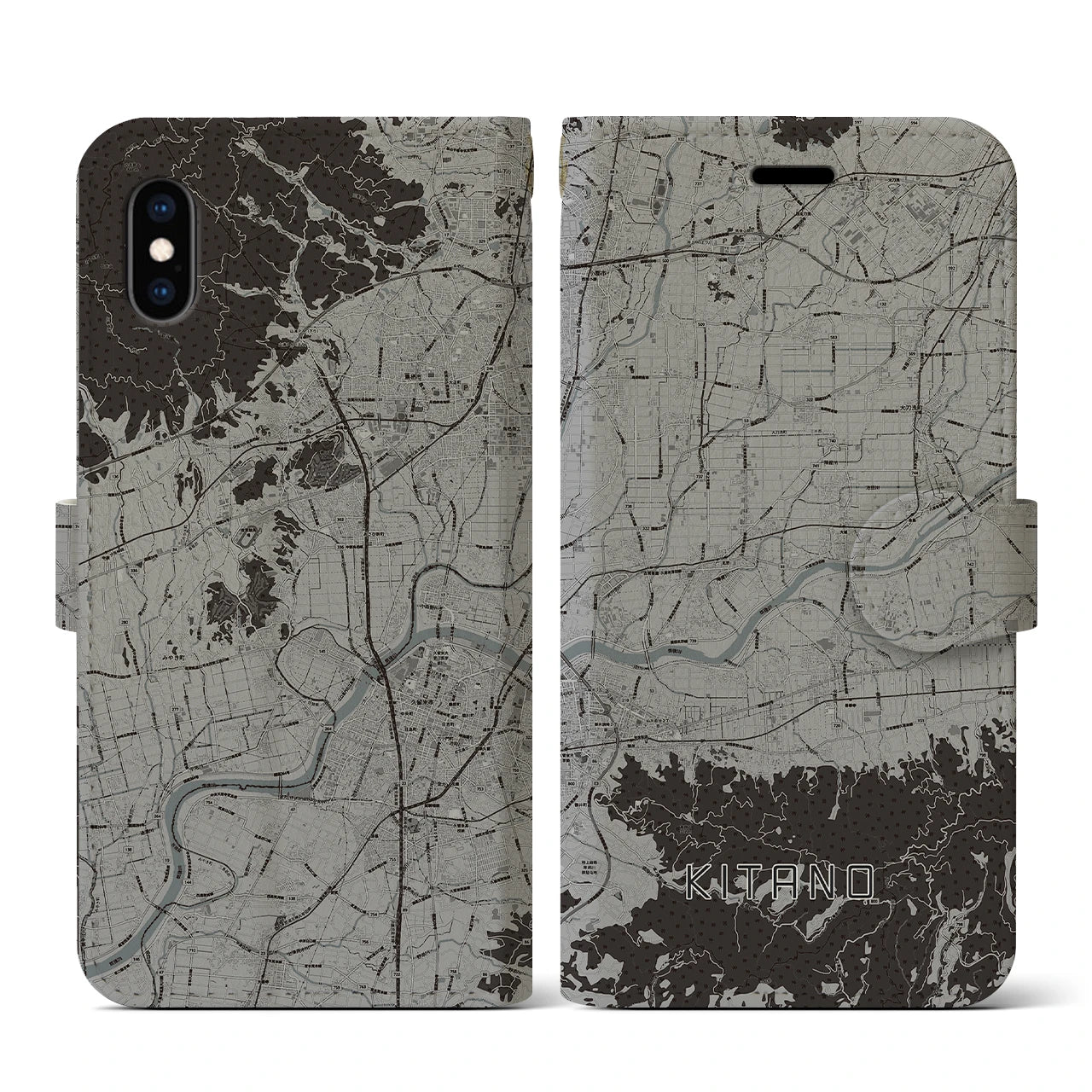 【北野(福岡県)】地図柄iPhoneケース(手帳タイプ)モノトーン・iPhone XS / X 用
