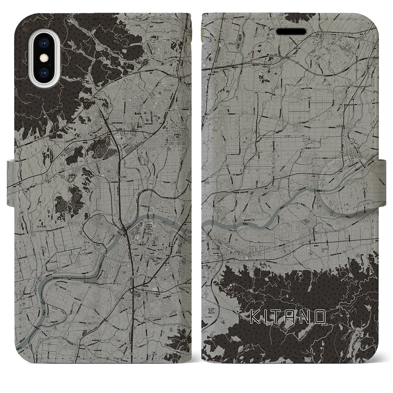 【北野(福岡県)】地図柄iPhoneケース(手帳タイプ)モノトーン・iPhone XS Max 用