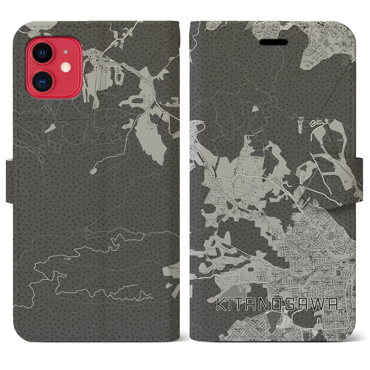 【北の沢(北海道)】地図柄iPhoneケース(手帳タイプ)モノトーン・iPhone 11 用