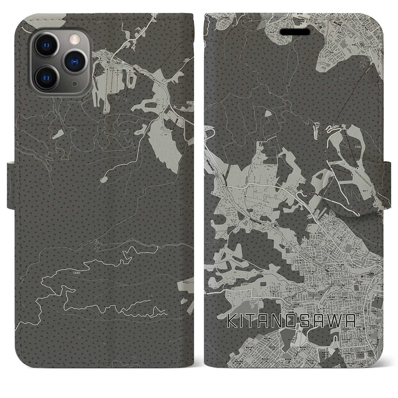 【北の沢(北海道)】地図柄iPhoneケース(手帳タイプ)モノトーン・iPhone 11 Pro Max 用