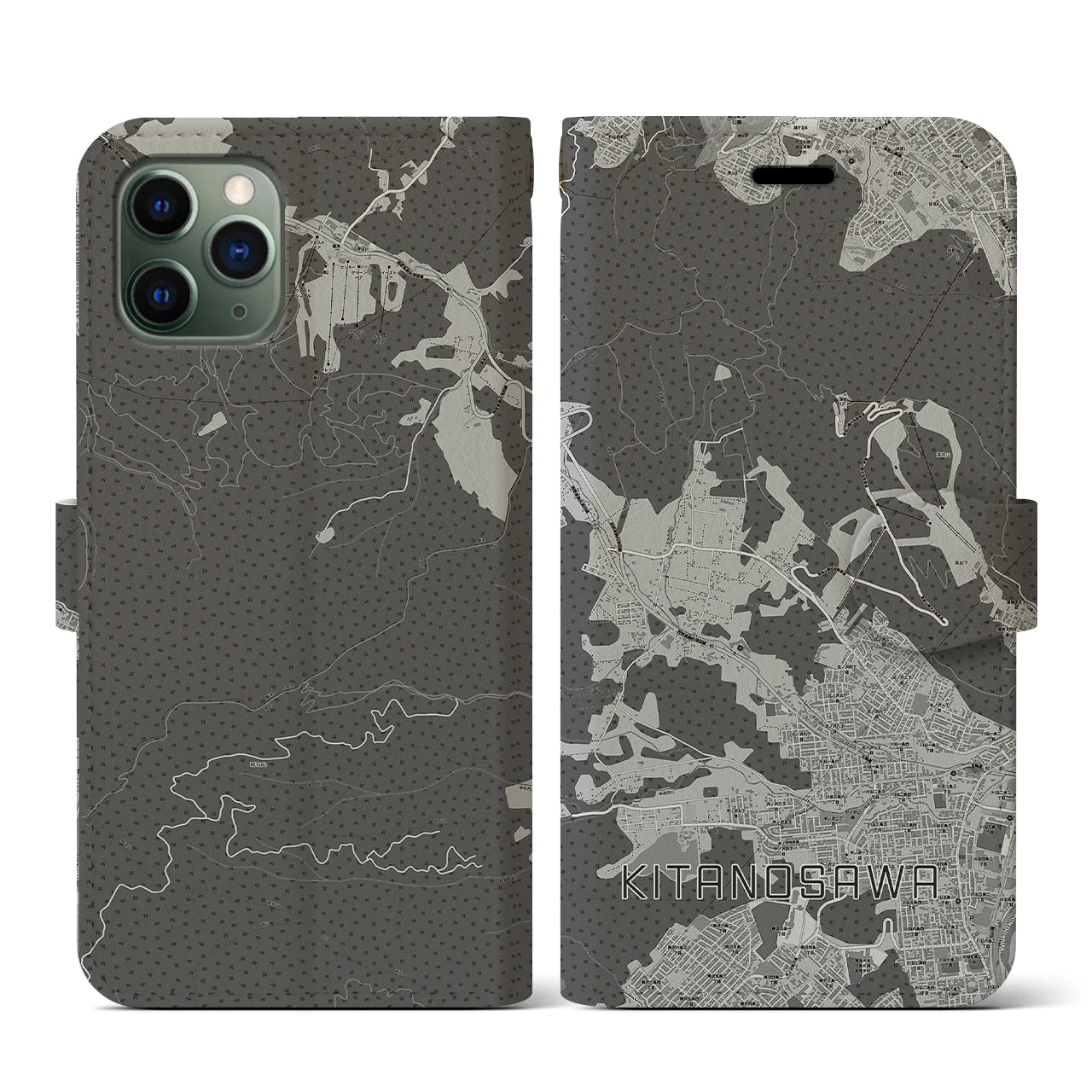 【北の沢(北海道)】地図柄iPhoneケース(手帳タイプ)モノトーン・iPhone 11 Pro 用