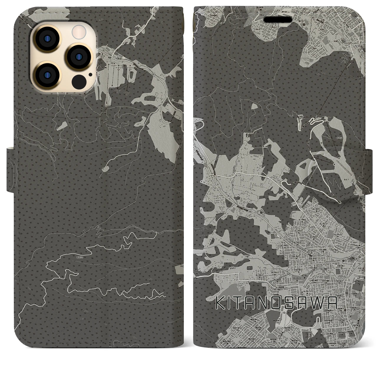 【北の沢(北海道)】地図柄iPhoneケース(手帳タイプ)モノトーン・iPhone 12 Pro Max 用
