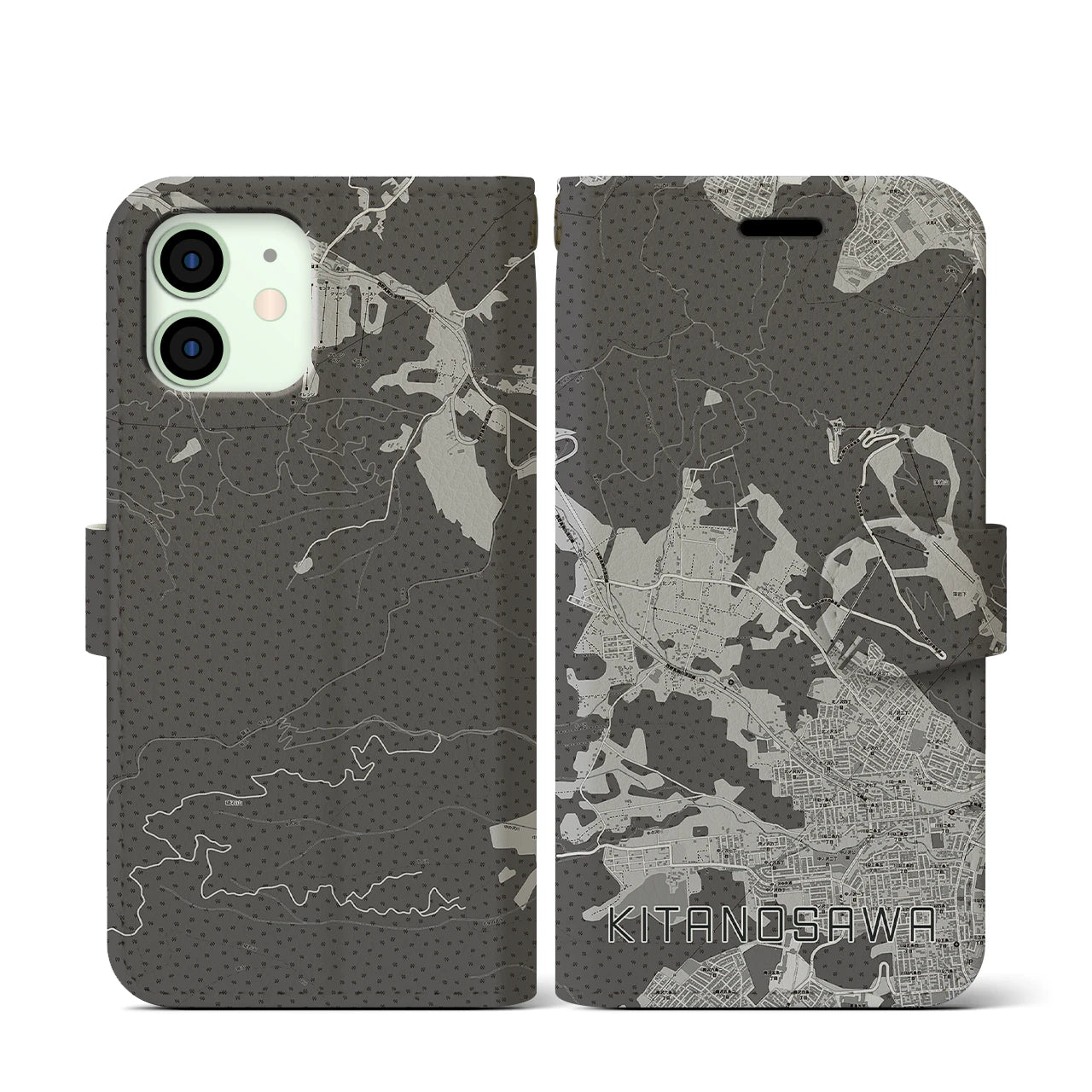 【北の沢(北海道)】地図柄iPhoneケース(手帳タイプ)モノトーン・iPhone 12 mini 用