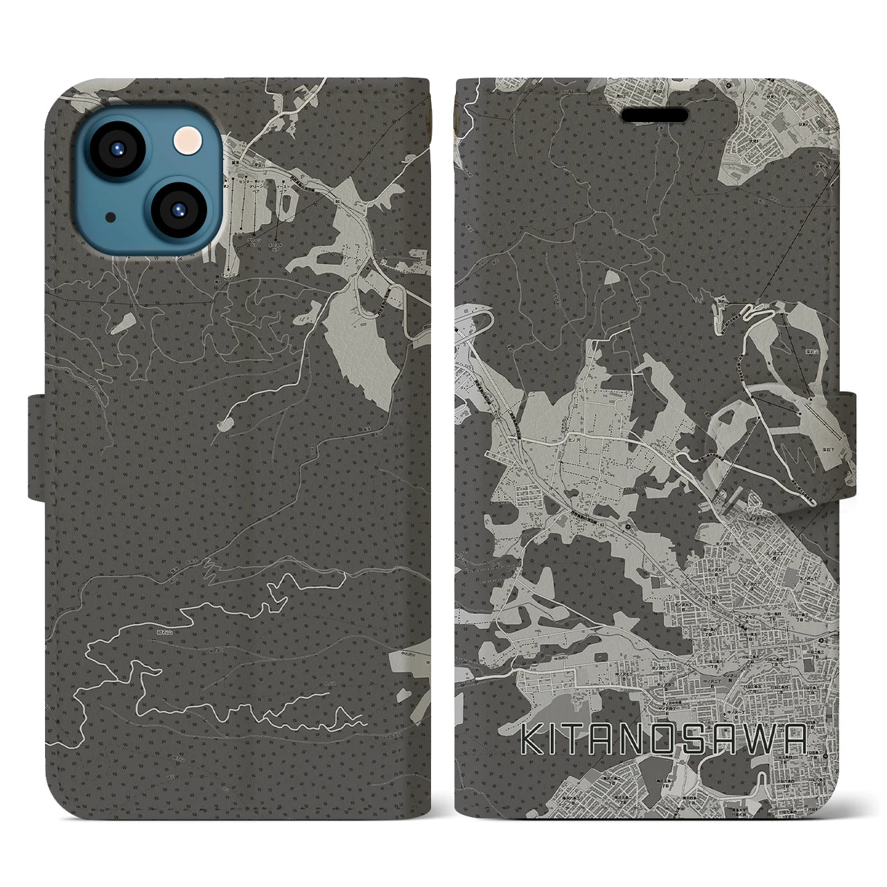 【北の沢(北海道)】地図柄iPhoneケース(手帳タイプ)モノトーン・iPhone 13 用