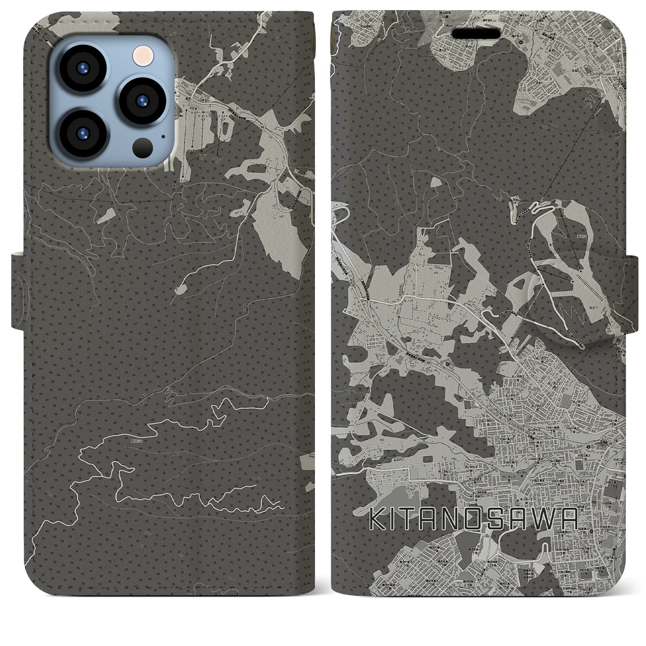 【北の沢(北海道)】地図柄iPhoneケース(手帳タイプ)モノトーン・iPhone 13 Pro Max 用
