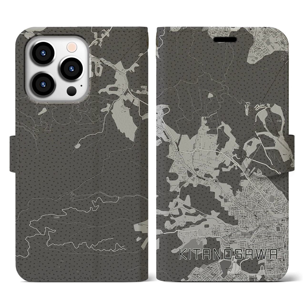 【北の沢(北海道)】地図柄iPhoneケース(手帳タイプ)モノトーン・iPhone 13 Pro 用
