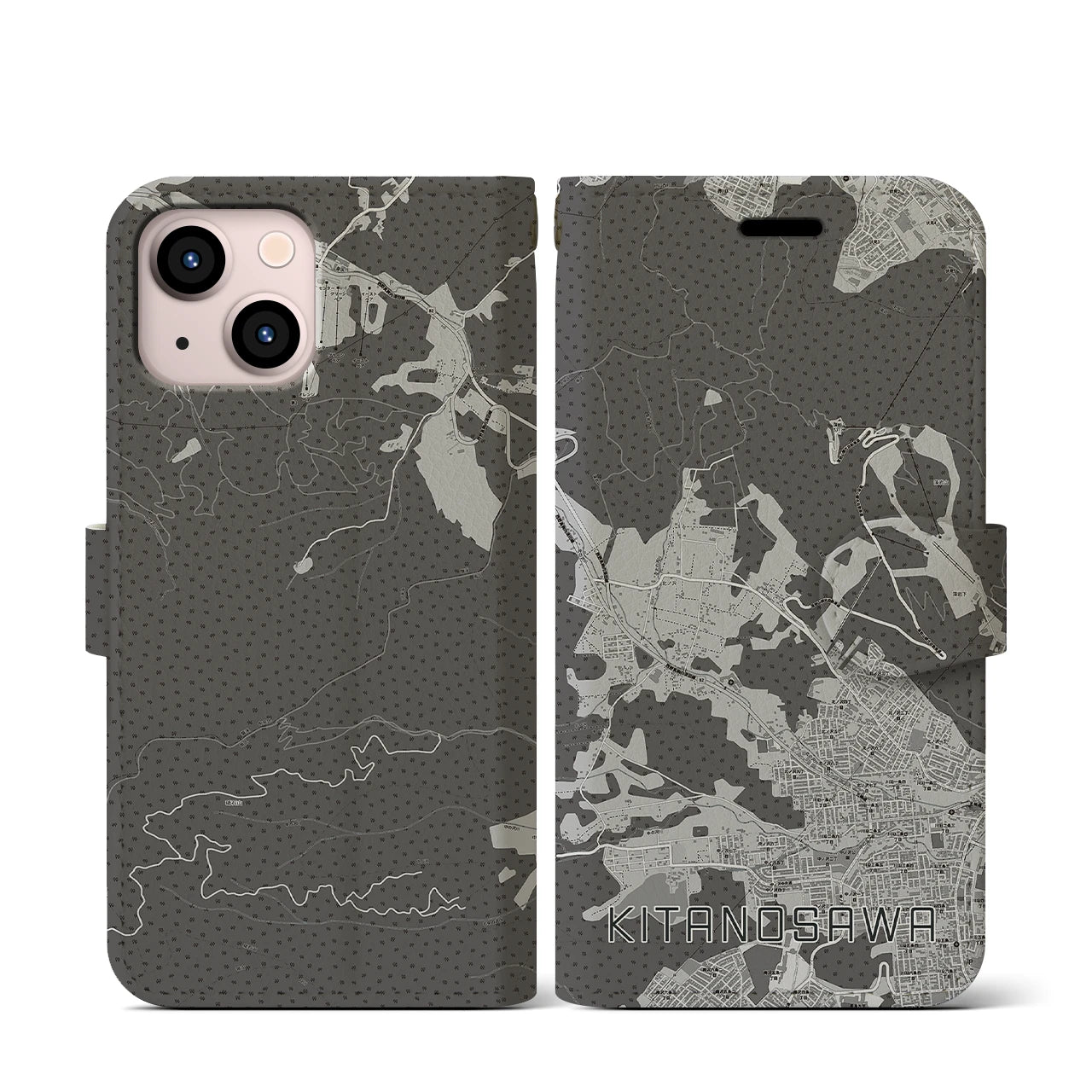 【北の沢(北海道)】地図柄iPhoneケース(手帳タイプ)モノトーン・iPhone 13 mini 用