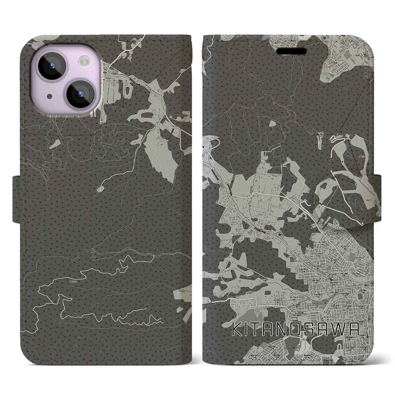 【北の沢(北海道)】地図柄iPhoneケース(手帳タイプ)モノトーン・iPhone 14 用