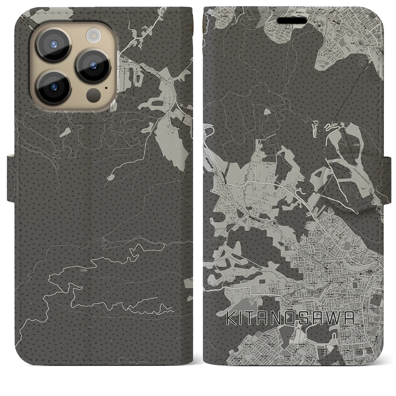 【北の沢(北海道)】地図柄iPhoneケース(手帳タイプ)モノトーン・iPhone 14 Pro Max 用