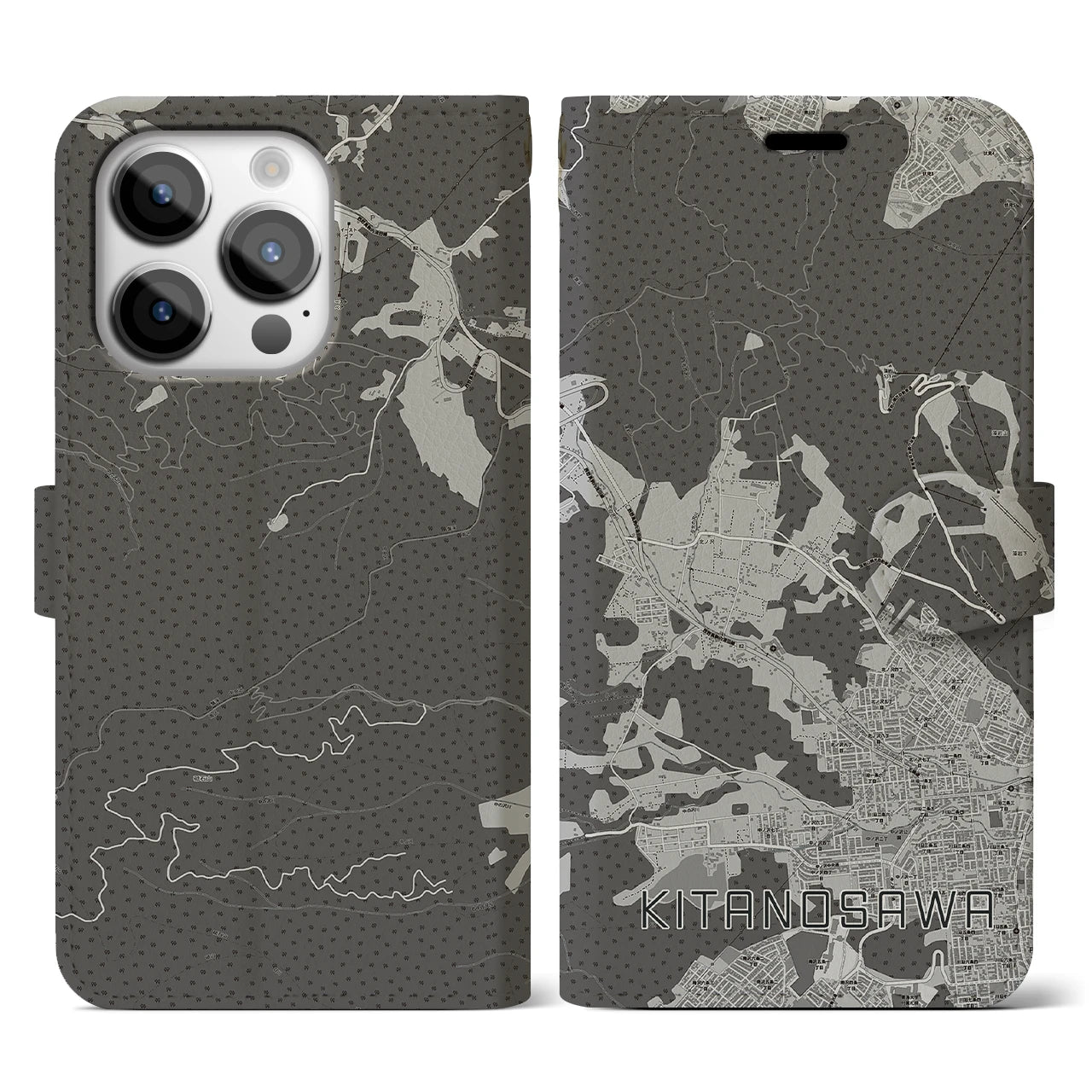 【北の沢(北海道)】地図柄iPhoneケース(手帳タイプ)モノトーン・iPhone 14 Pro 用
