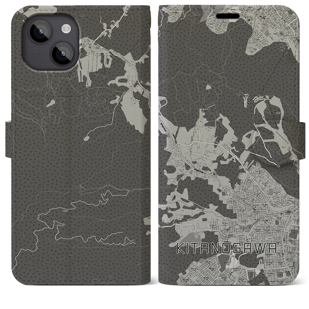 【北の沢(北海道)】地図柄iPhoneケース(手帳タイプ)モノトーン・iPhone 14 Plus 用