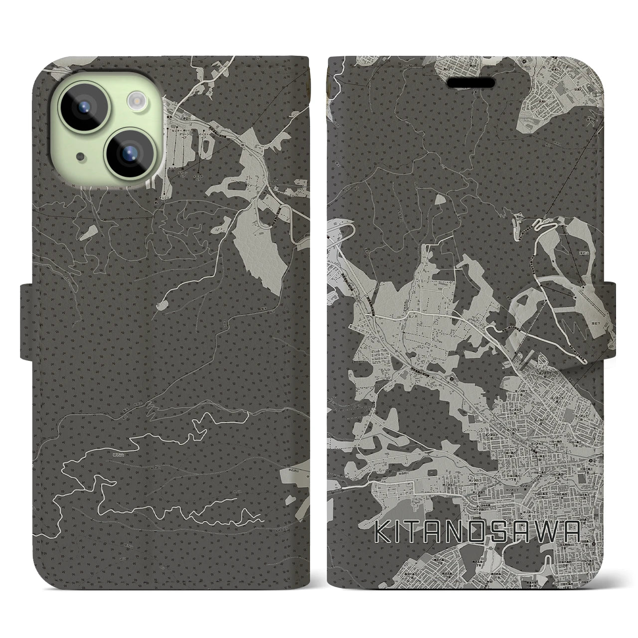 【北の沢(北海道)】地図柄iPhoneケース(手帳タイプ)モノトーン・iPhone 15 用