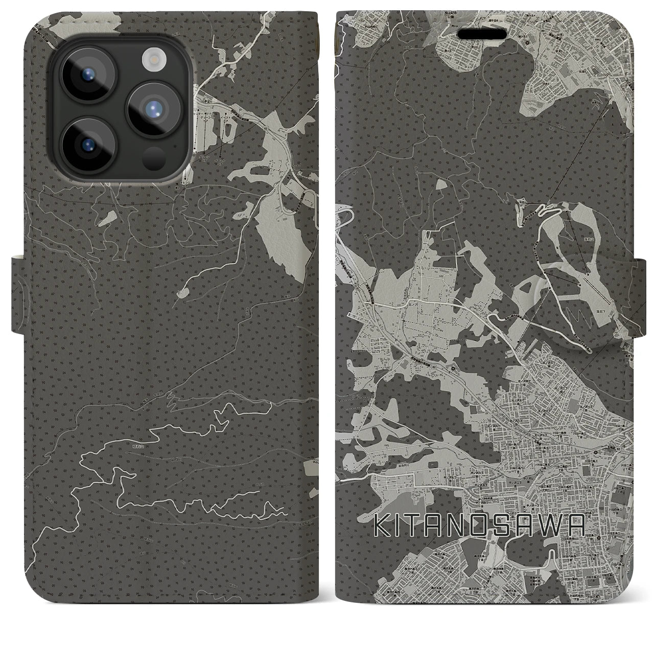 【北の沢(北海道)】地図柄iPhoneケース(手帳タイプ)モノトーン・iPhone 15 Pro Max 用