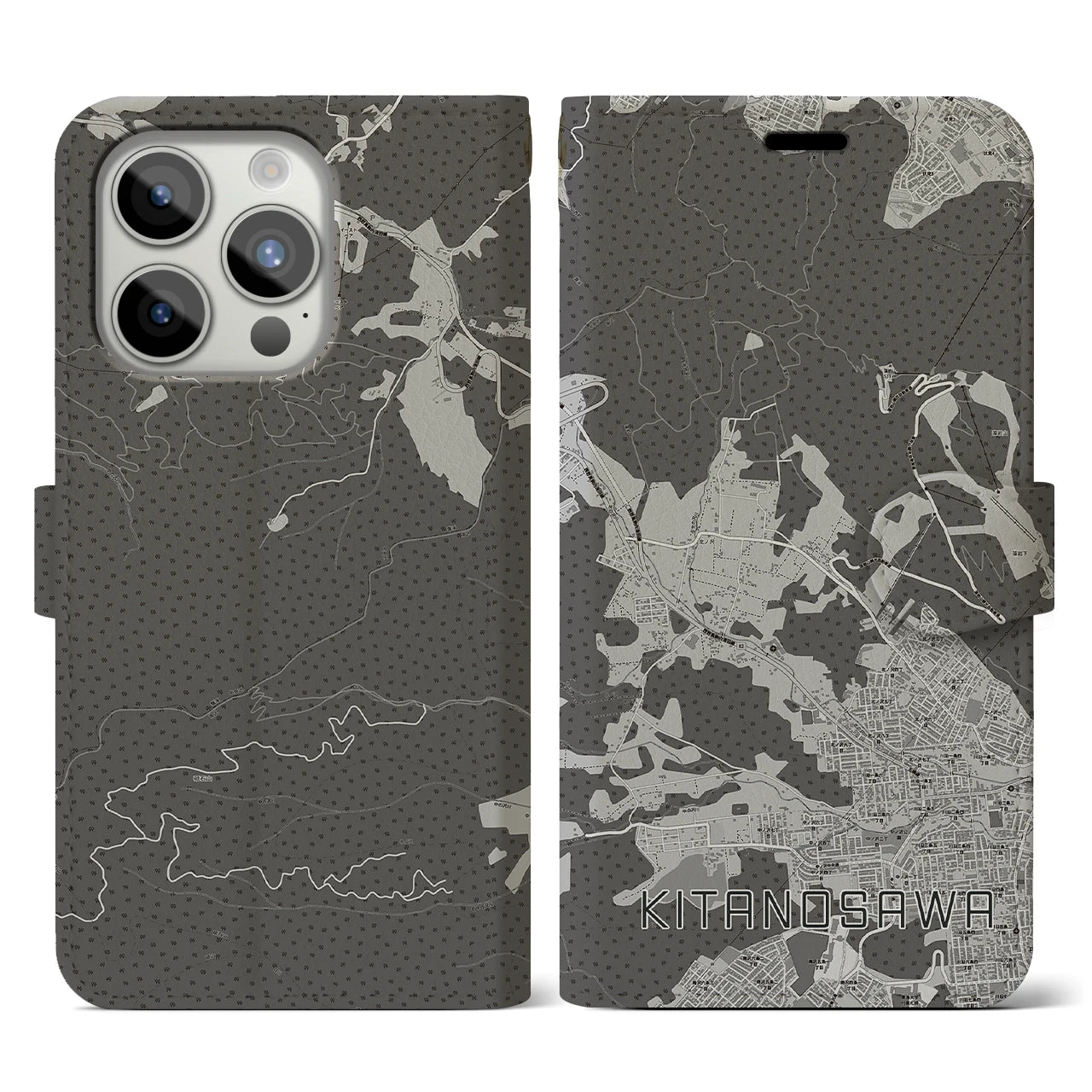 【北の沢(北海道)】地図柄iPhoneケース(手帳タイプ)モノトーン・iPhone 15 Pro 用