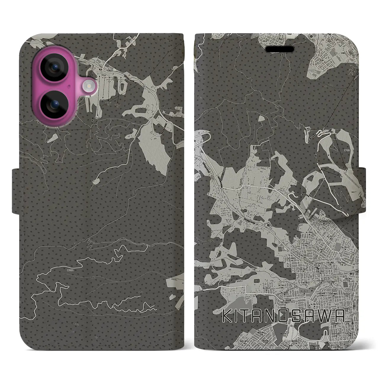 【北の沢(北海道)】地図柄iPhoneケース(手帳タイプ)モノトーン・iPhone 16 Pro 用