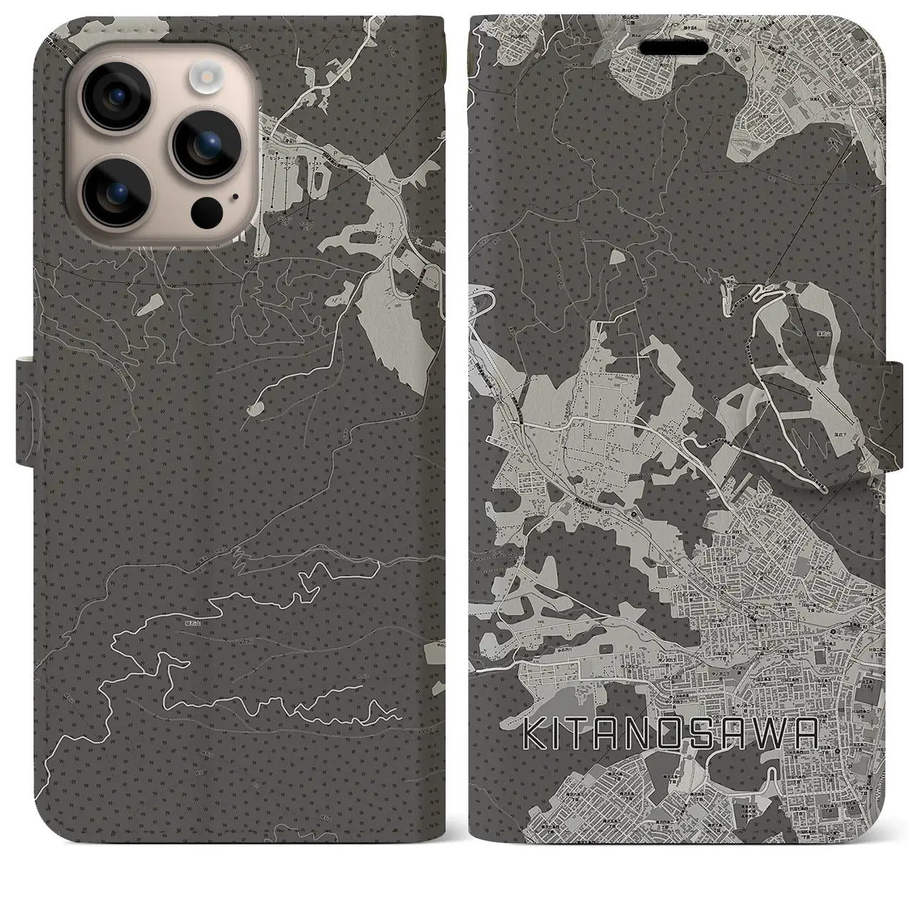 【北の沢(北海道)】地図柄iPhoneケース(手帳タイプ)モノトーン・iPhone 16 Plus 用