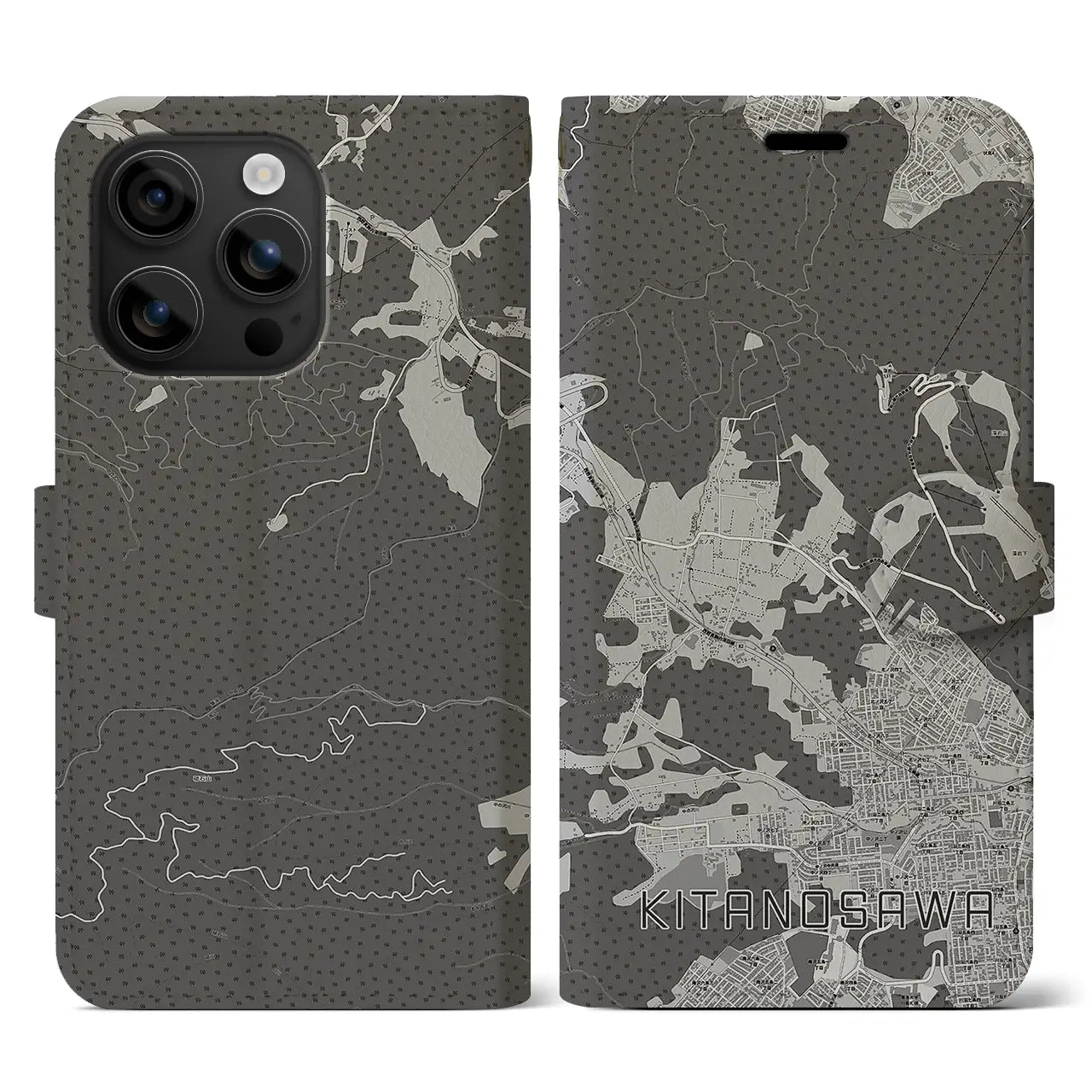 【北の沢(北海道)】地図柄iPhoneケース(手帳タイプ)モノトーン・iPhone 16 用