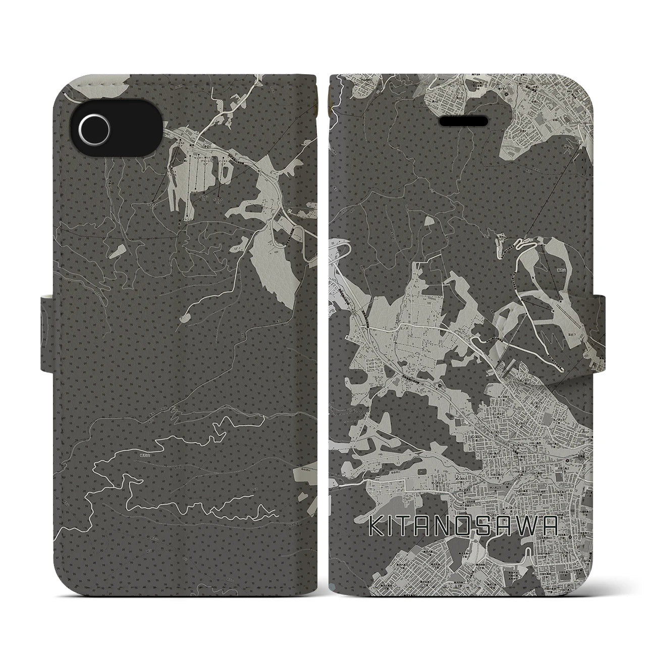 【北の沢(北海道)】地図柄iPhoneケース(手帳タイプ)モノトーン・iPhone SE(第3 / 第2世代) / 8 / 7 / 6s / 6 用