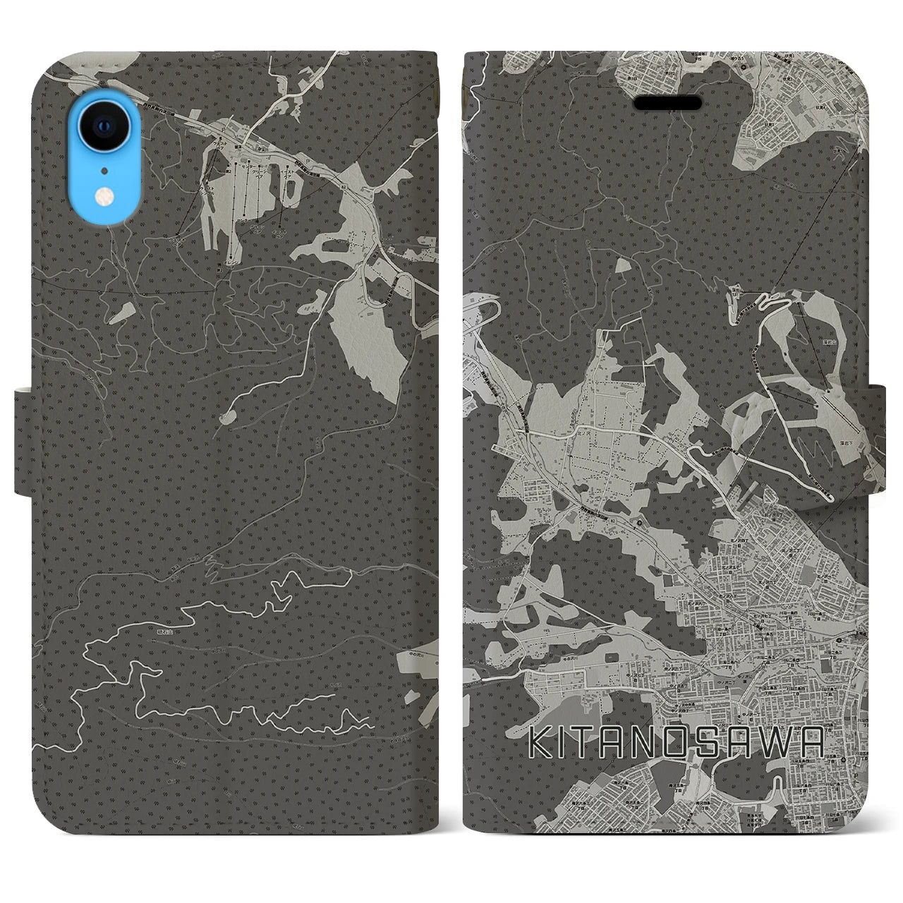 【北の沢(北海道)】地図柄iPhoneケース(手帳タイプ)モノトーン・iPhone XR 用