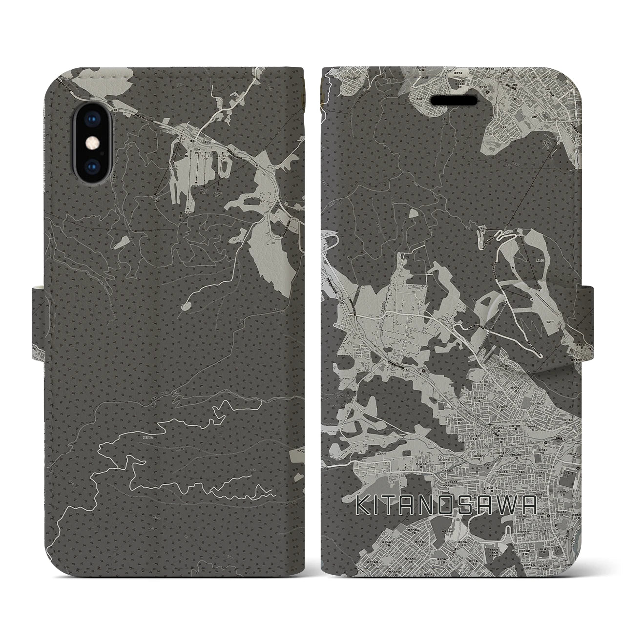 【北の沢(北海道)】地図柄iPhoneケース(手帳タイプ)モノトーン・iPhone XS / X 用