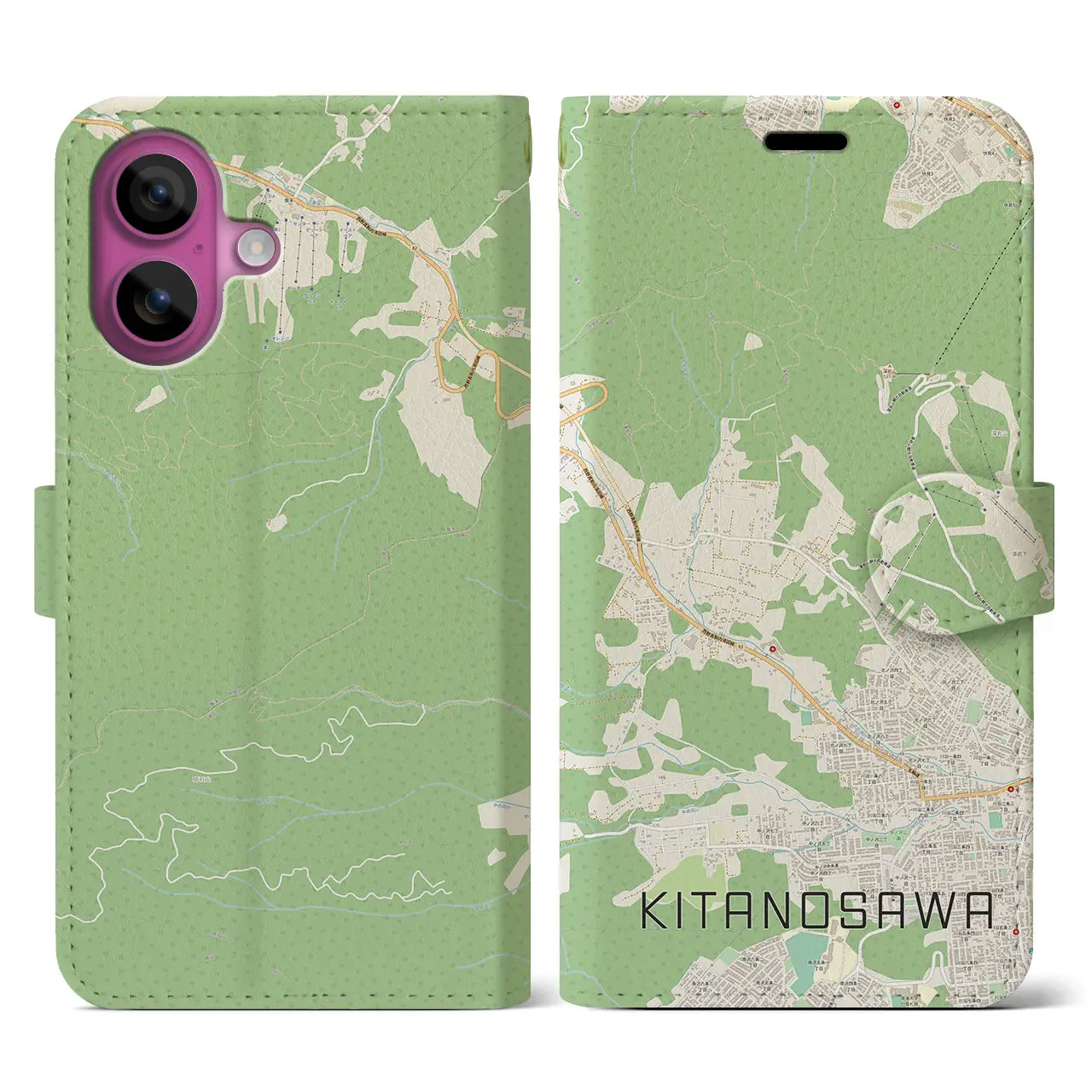 【北の沢(北海道)】地図柄iPhoneケース(手帳タイプ)ナチュラル・iPhone 16 Pro 用
