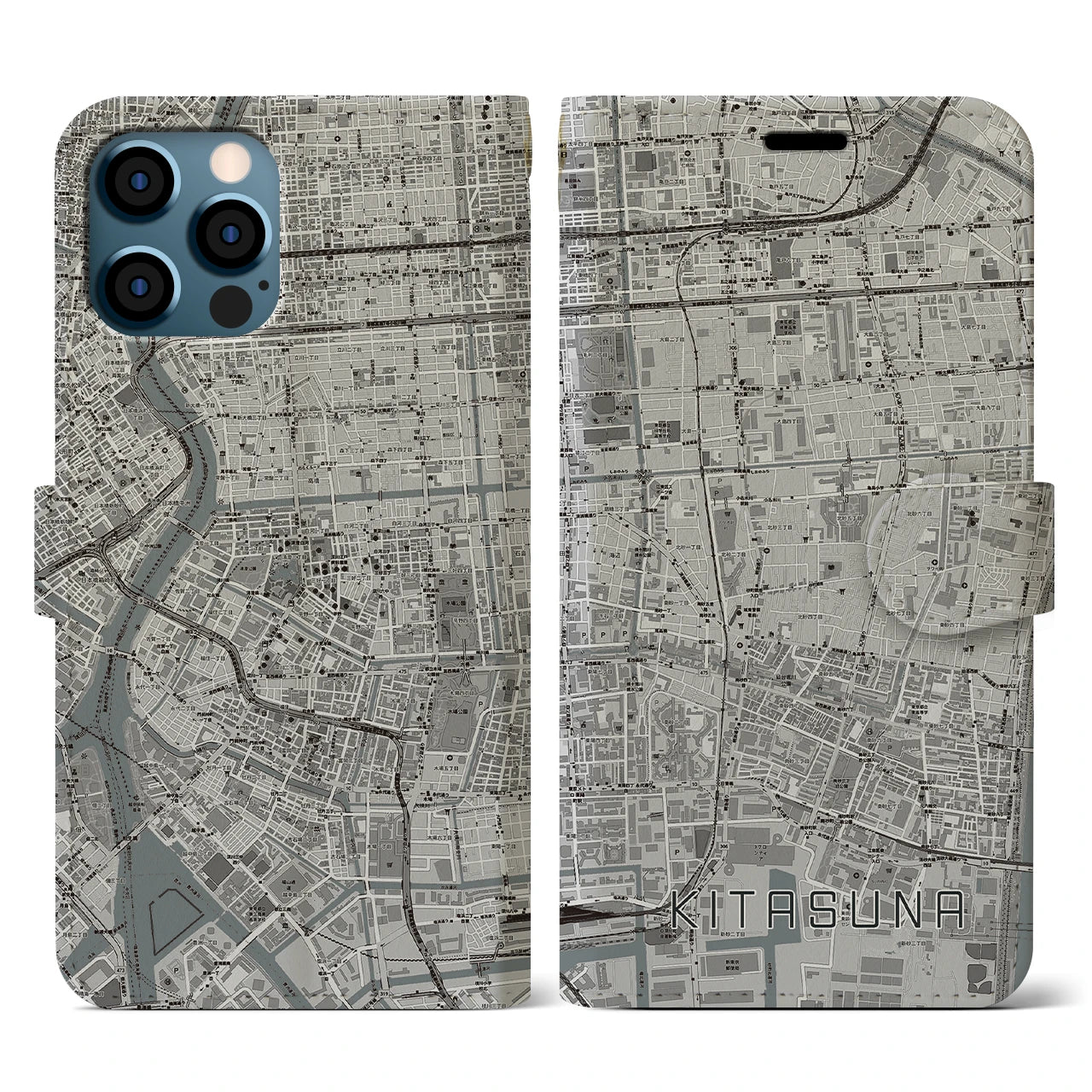 【北砂(東京都)】地図柄iPhoneケース(手帳タイプ)モノトーン・iPhone 12 / 12 Pro 用