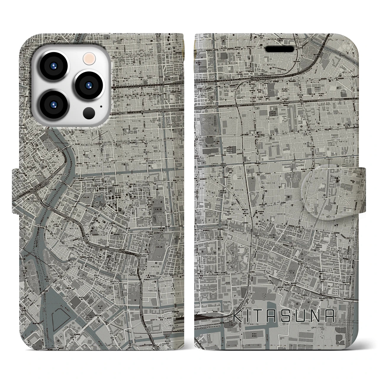 【北砂(東京都)】地図柄iPhoneケース(手帳タイプ)モノトーン・iPhone 13 Pro 用