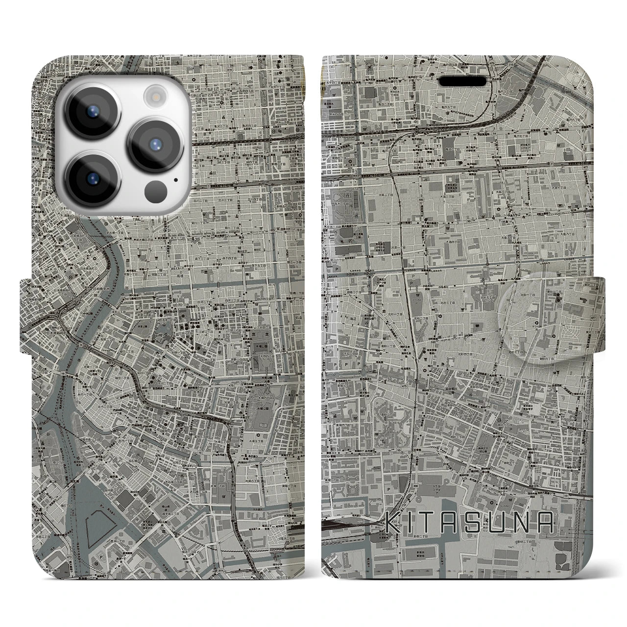 【北砂(東京都)】地図柄iPhoneケース(手帳タイプ)モノトーン・iPhone 14 Pro 用