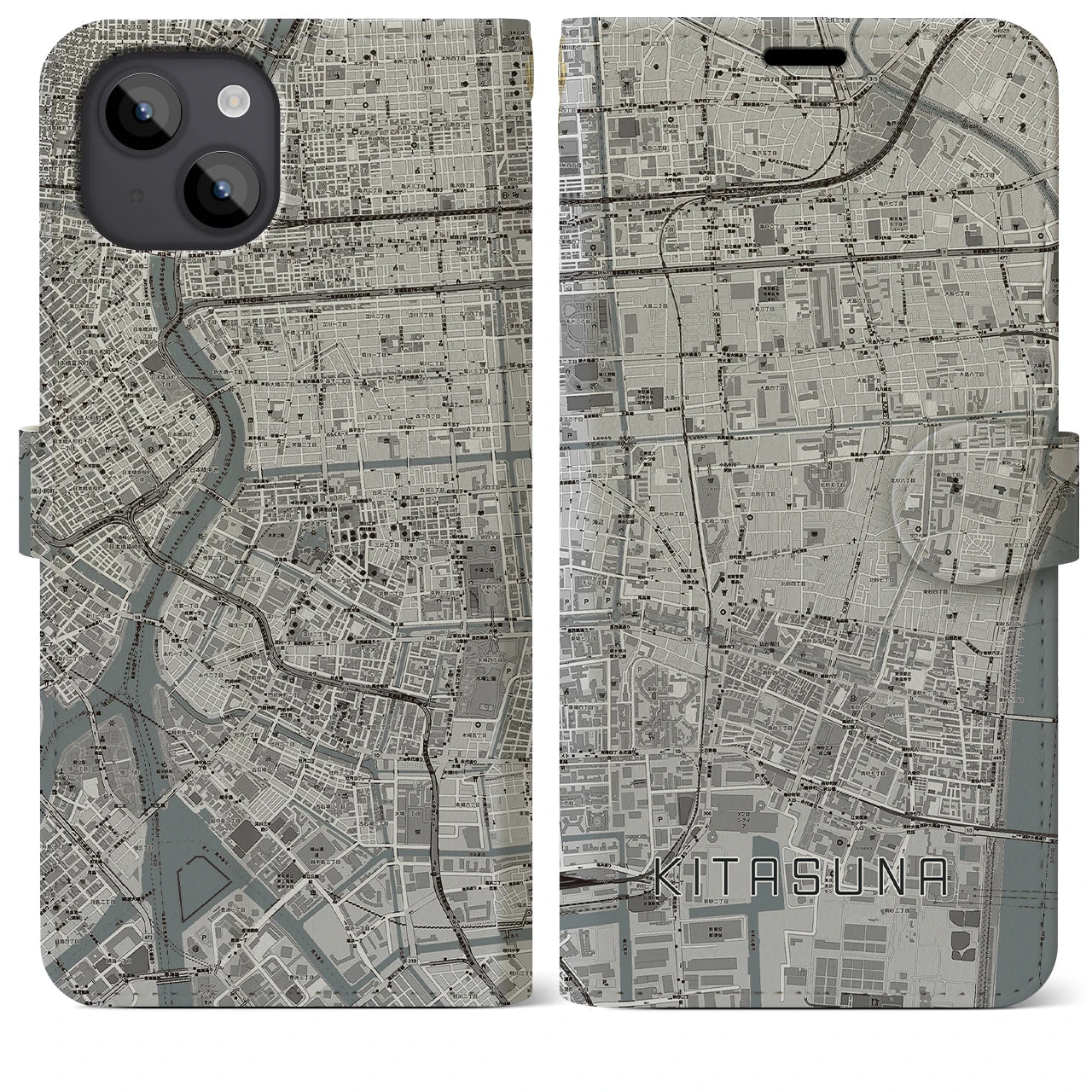 【北砂(東京都)】地図柄iPhoneケース(手帳タイプ)モノトーン・iPhone 14 Plus 用