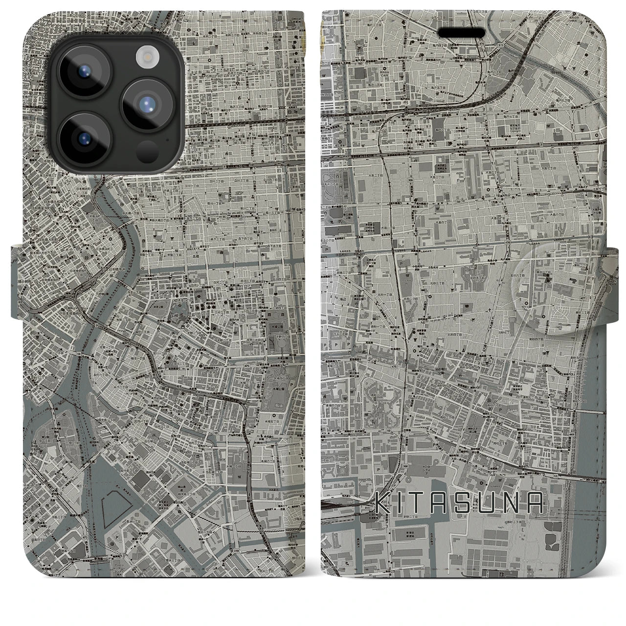 【北砂(東京都)】地図柄iPhoneケース(手帳タイプ)モノトーン・iPhone 15 Pro Max 用