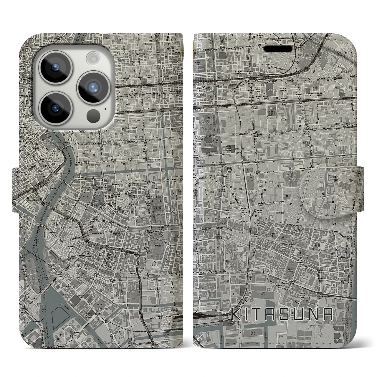 【北砂(東京都)】地図柄iPhoneケース(手帳タイプ)モノトーン・iPhone 15 Pro 用