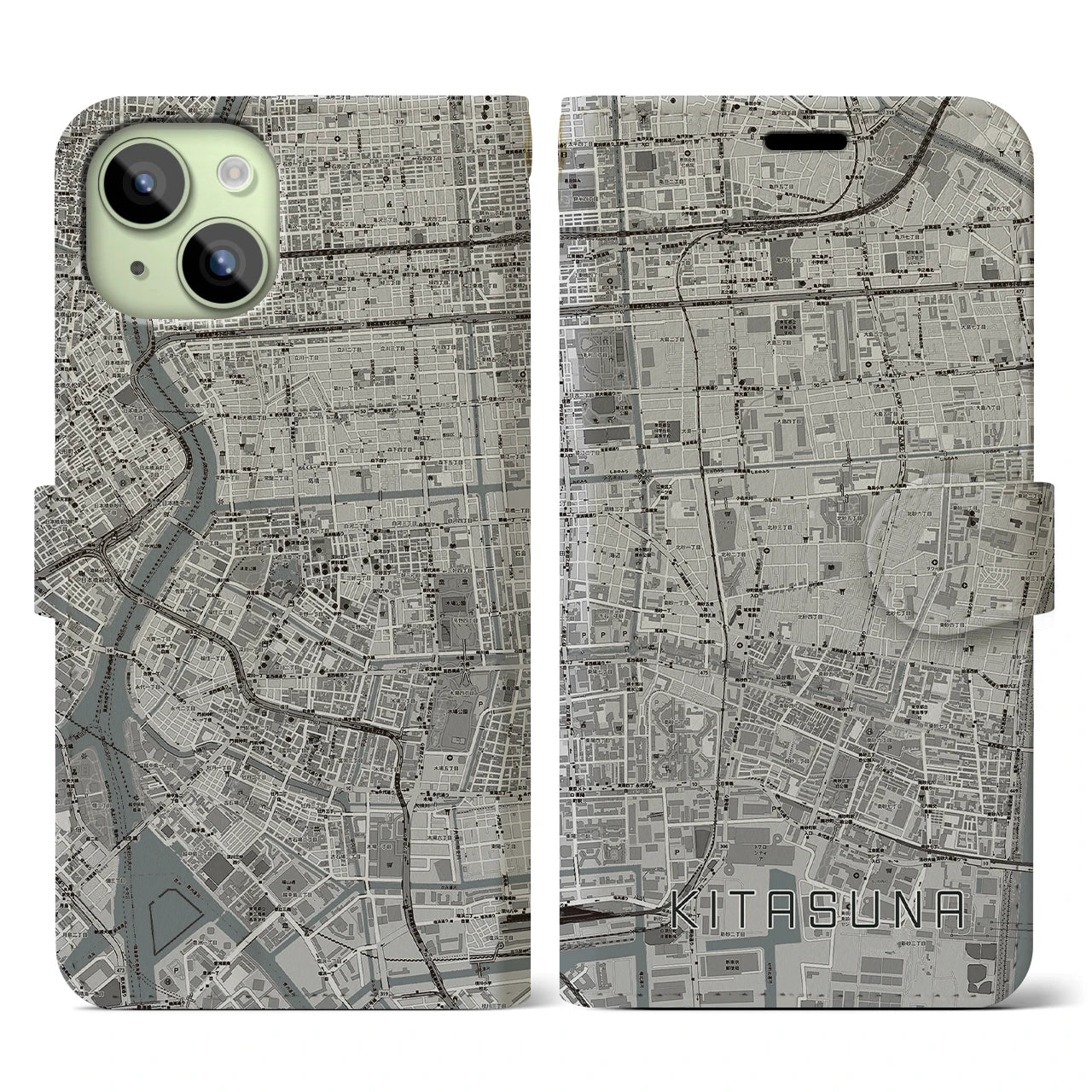 【北砂(東京都)】地図柄iPhoneケース(手帳タイプ)モノトーン・iPhone 15 用