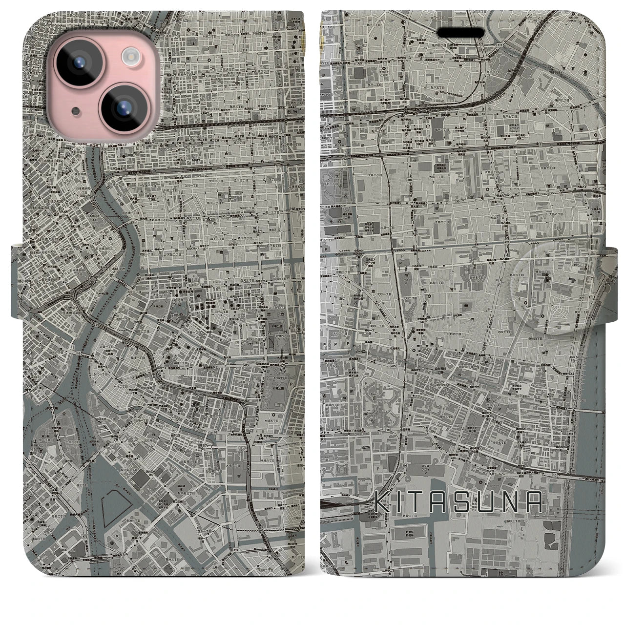 【北砂(東京都)】地図柄iPhoneケース(手帳タイプ)モノトーン・iPhone 15 Plus 用