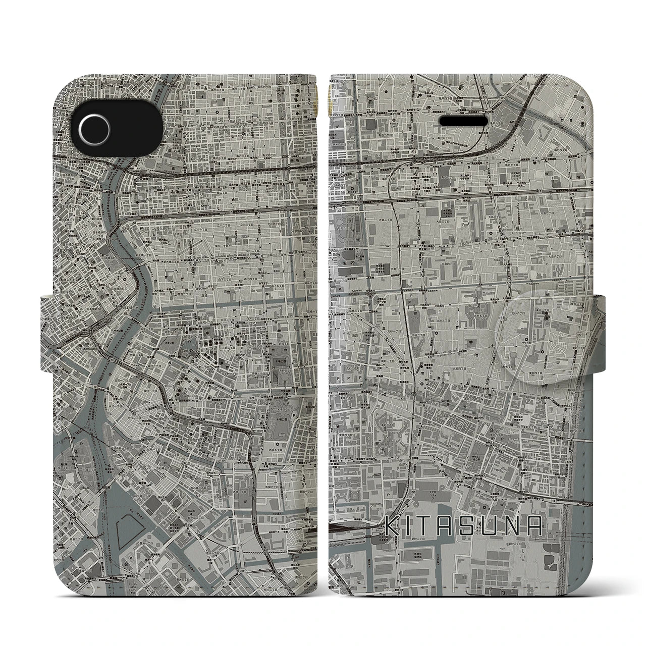【北砂(東京都)】地図柄iPhoneケース(手帳タイプ)モノトーン・iPhone SE(第3 / 第2世代) / 8 / 7 / 6s / 6 用