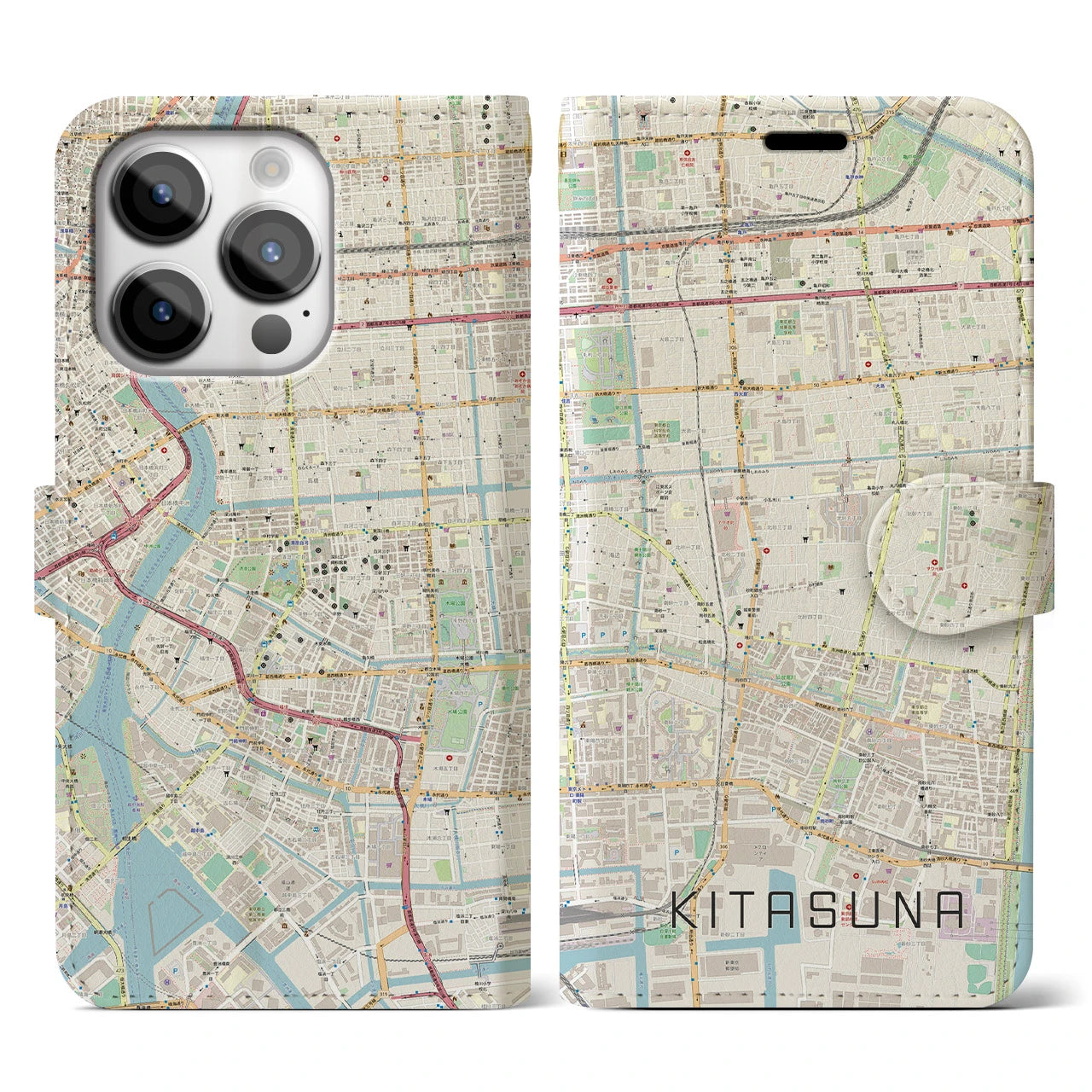 【北砂(東京都)】地図柄iPhoneケース(手帳タイプ)ナチュラル・iPhone 14 Pro 用
