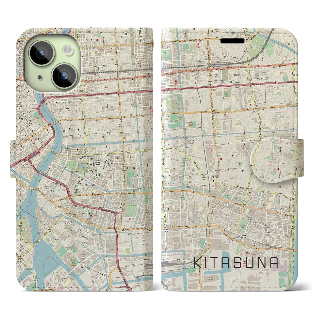 【北砂(東京都)】地図柄iPhoneケース(手帳タイプ)ナチュラル・iPhone 15 用