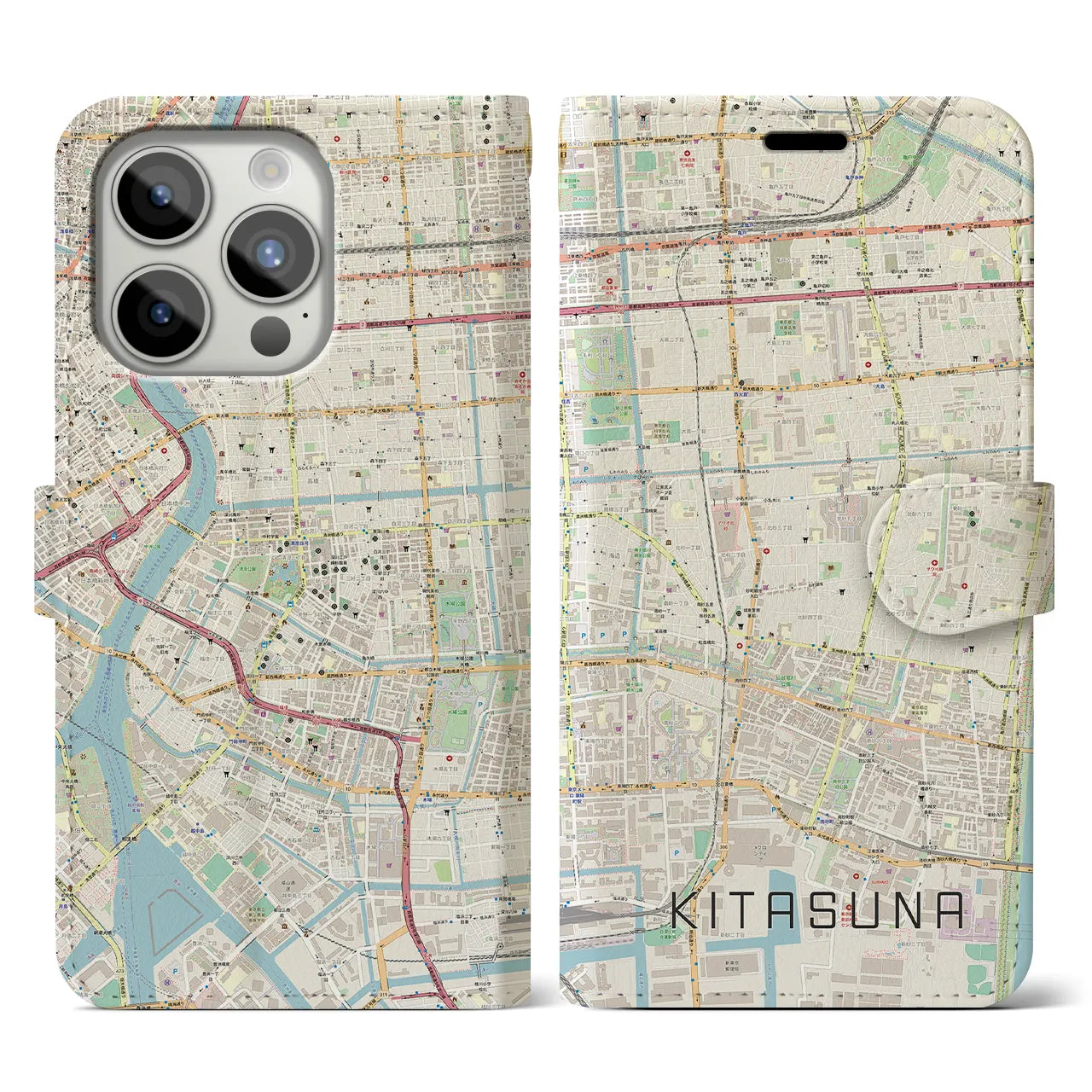 【北砂(東京都)】地図柄iPhoneケース(手帳タイプ)ナチュラル・iPhone 15 Pro 用
