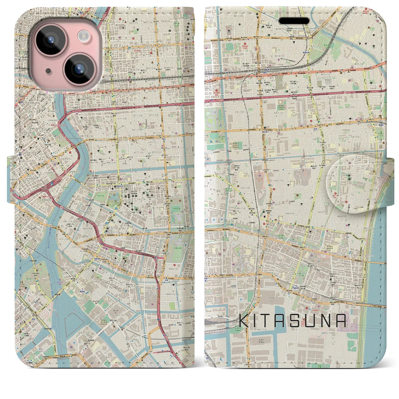 【北砂(東京都)】地図柄iPhoneケース(手帳タイプ)ナチュラル・iPhone 15 Plus 用