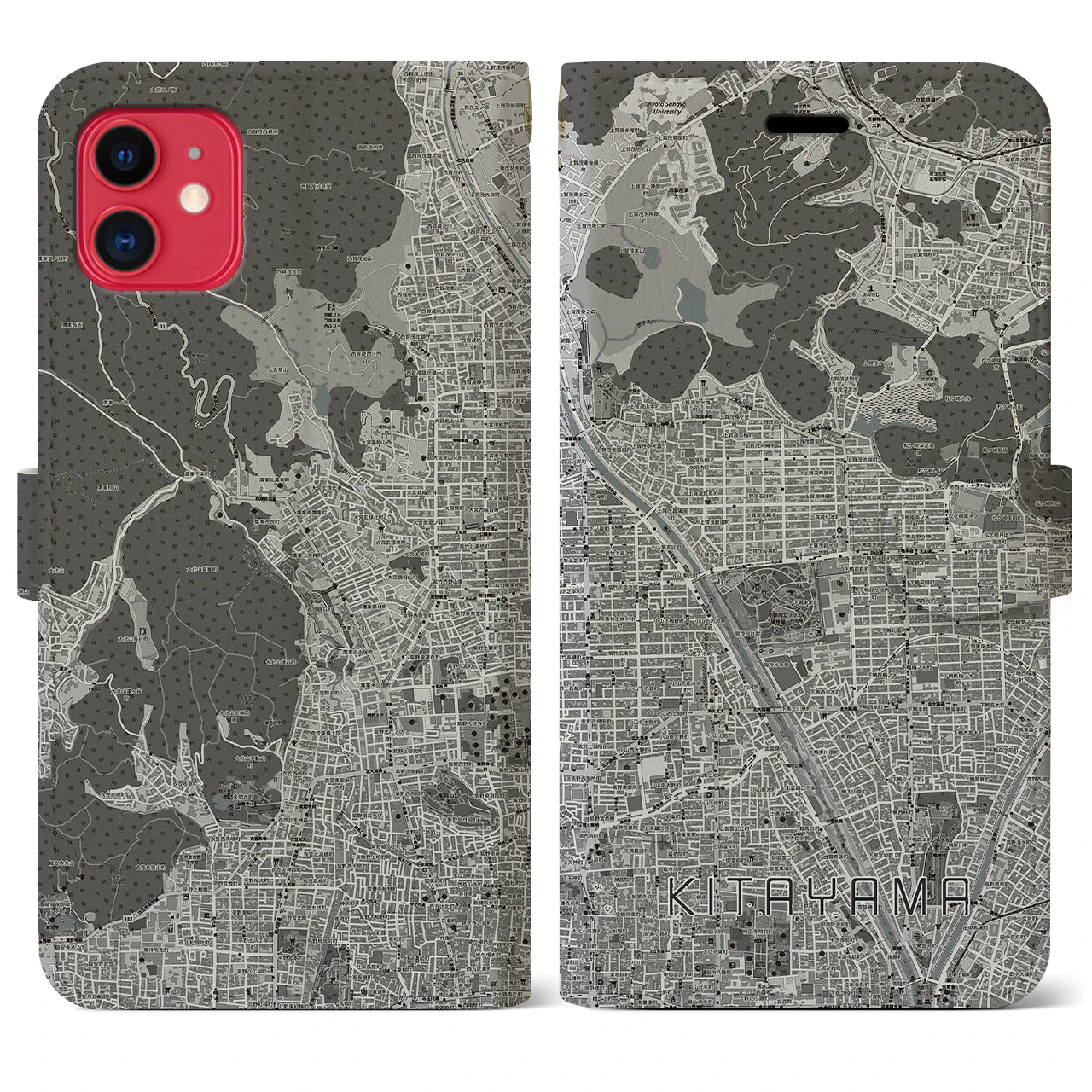 【北山(京都府)】地図柄iPhoneケース(手帳タイプ)モノトーン・iPhone 11 用
