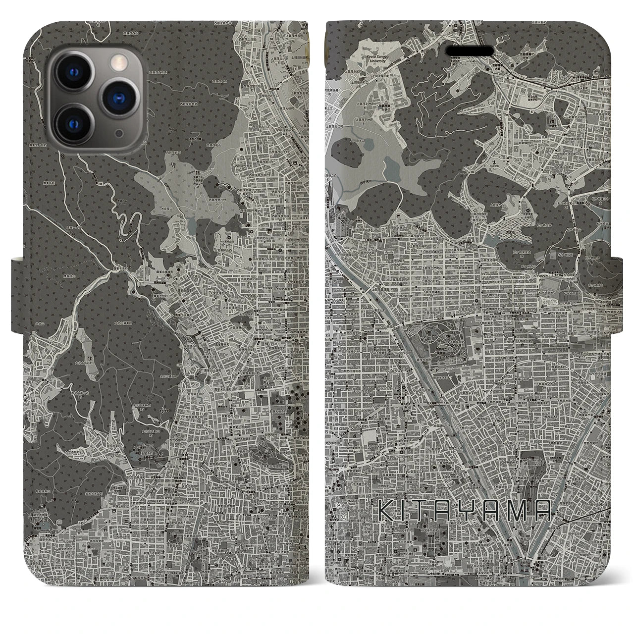 【北山(京都府)】地図柄iPhoneケース(手帳タイプ)モノトーン・iPhone 11 Pro Max 用