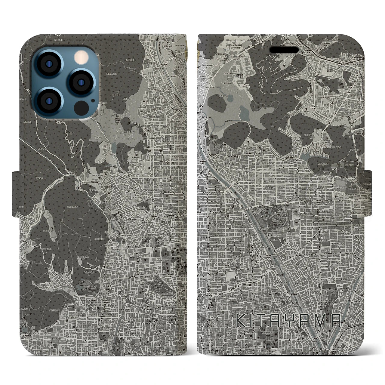 【北山(京都府)】地図柄iPhoneケース(手帳タイプ)モノトーン・iPhone 12 / 12 Pro 用
