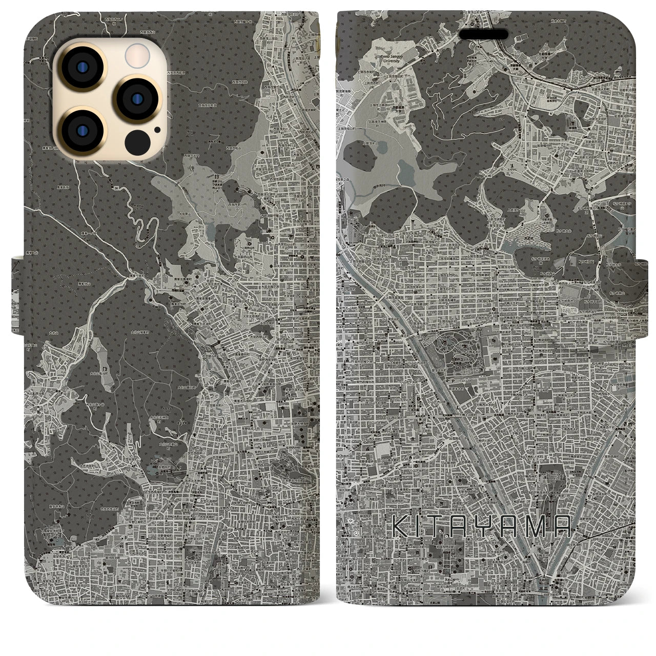 【北山(京都府)】地図柄iPhoneケース(手帳タイプ)モノトーン・iPhone 12 Pro Max 用