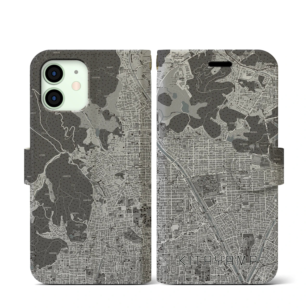 【北山(京都府)】地図柄iPhoneケース(手帳タイプ)モノトーン・iPhone 12 mini 用