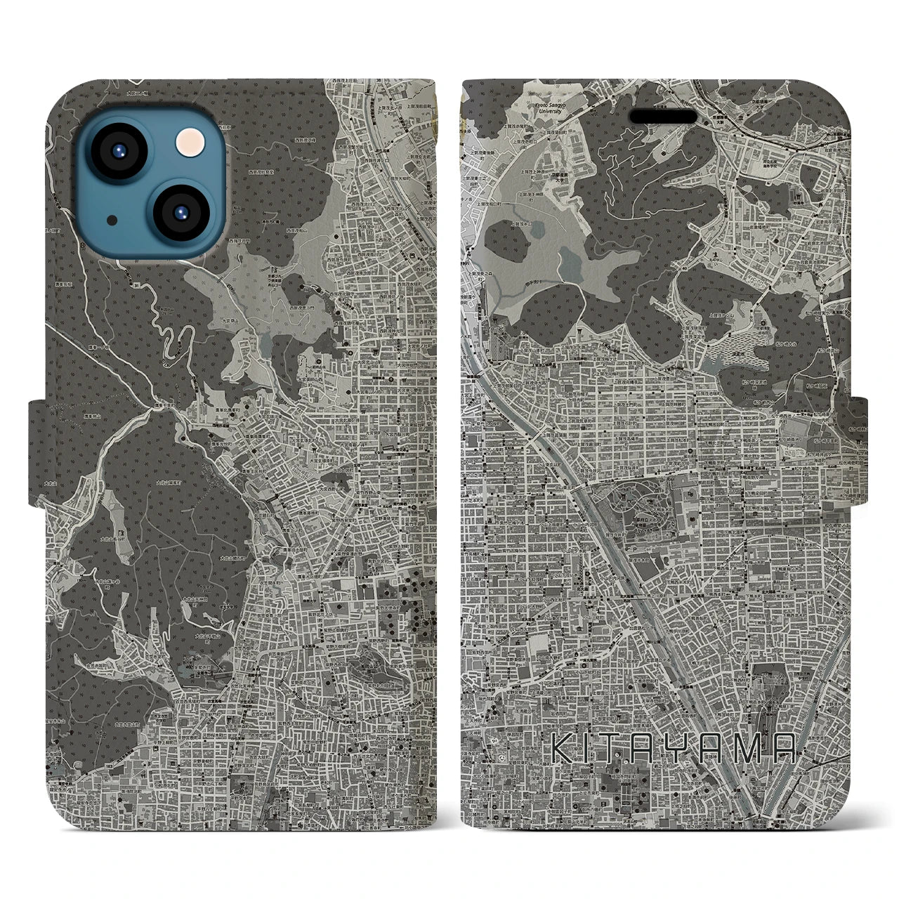 【北山(京都府)】地図柄iPhoneケース(手帳タイプ)モノトーン・iPhone 13 用