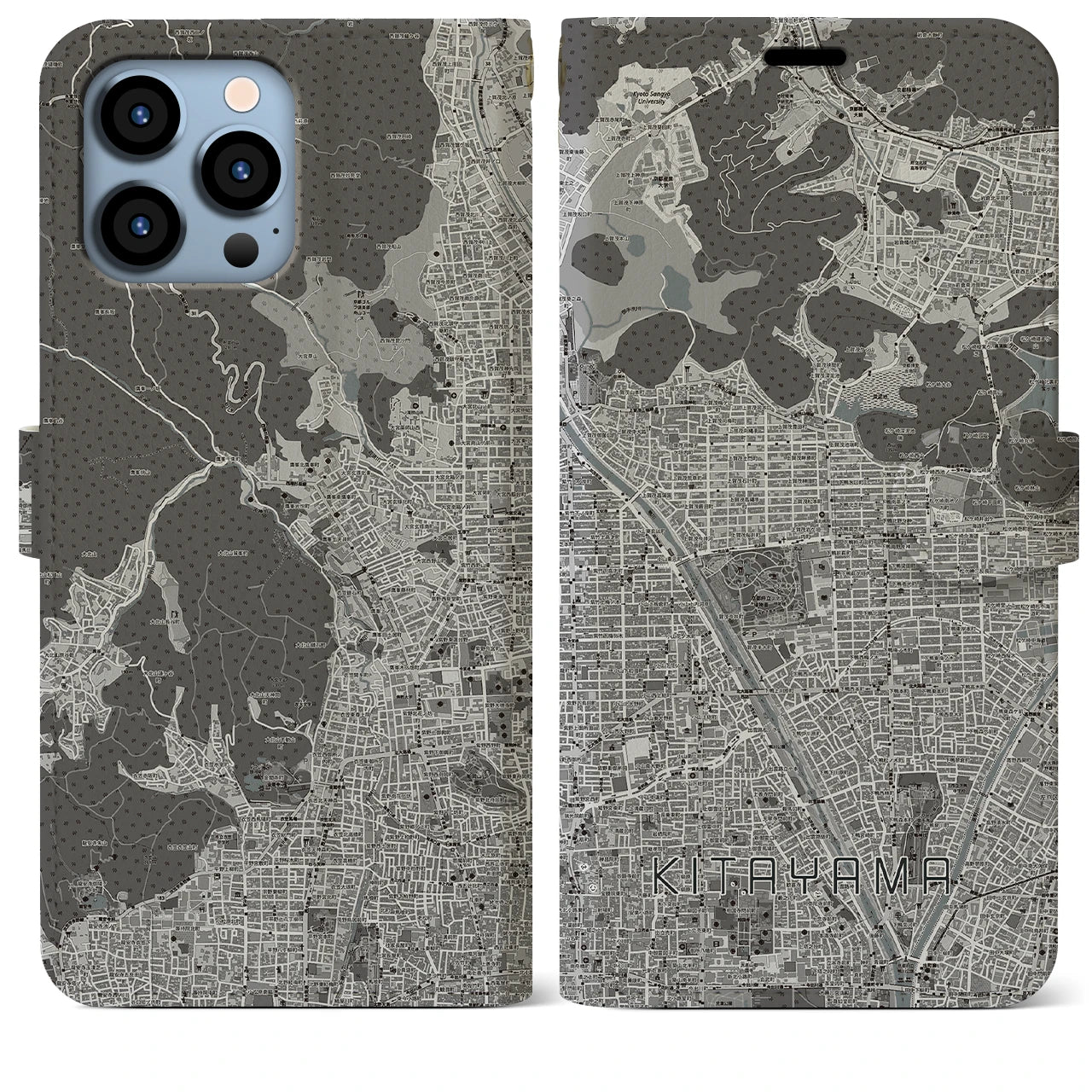 【北山(京都府)】地図柄iPhoneケース(手帳タイプ)モノトーン・iPhone 13 Pro Max 用