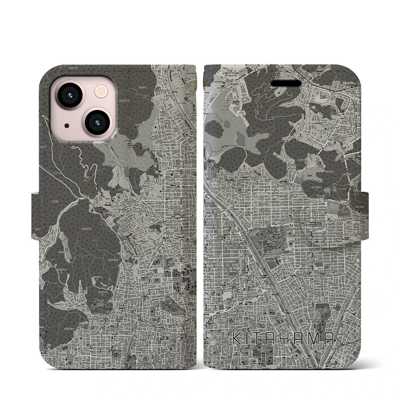 【北山(京都府)】地図柄iPhoneケース(手帳タイプ)モノトーン・iPhone 13 mini 用