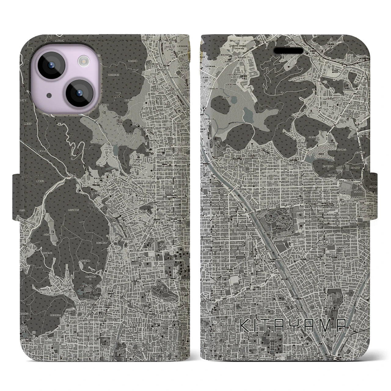 【北山(京都府)】地図柄iPhoneケース(手帳タイプ)モノトーン・iPhone 14 用