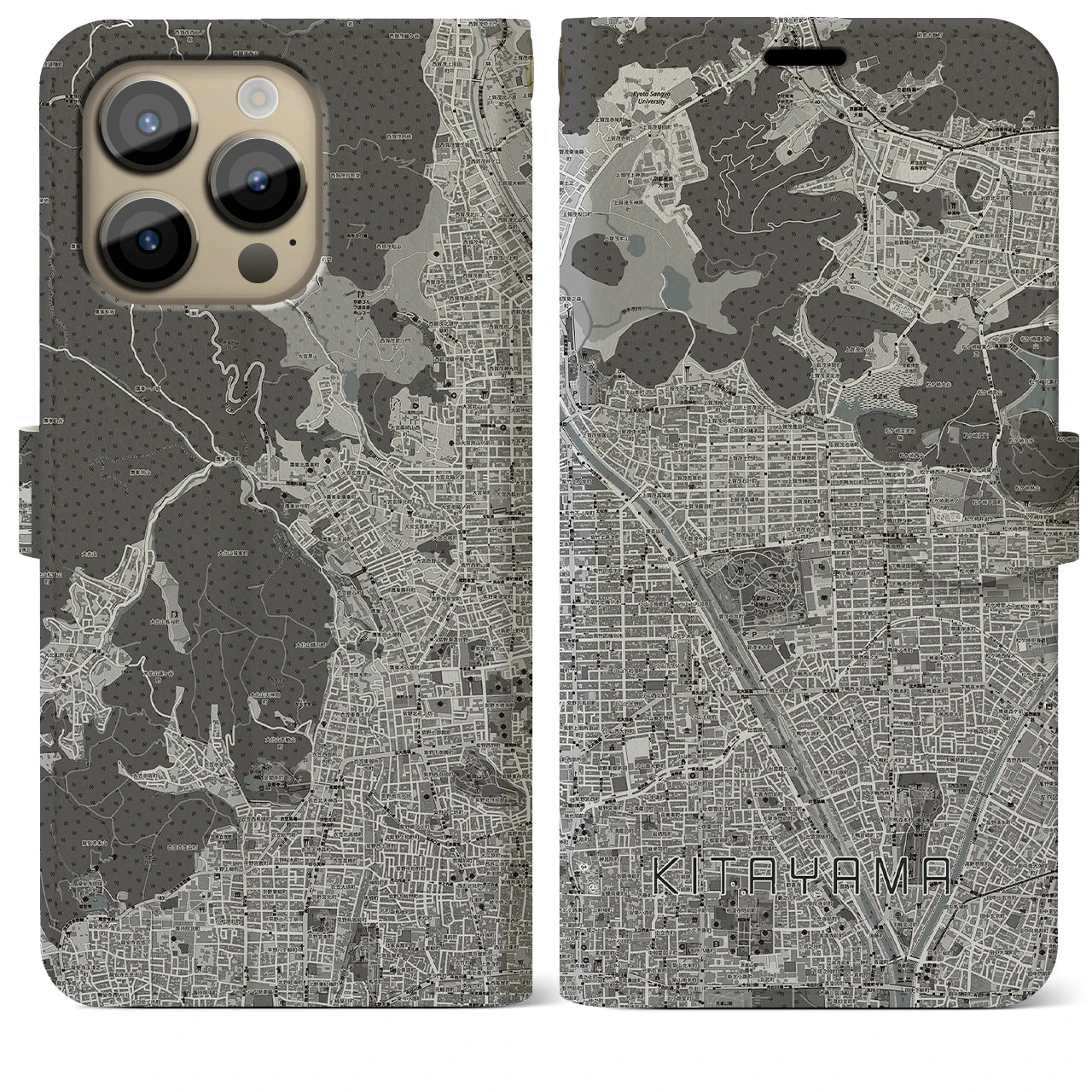 【北山(京都府)】地図柄iPhoneケース(手帳タイプ)モノトーン・iPhone 14 Pro Max 用