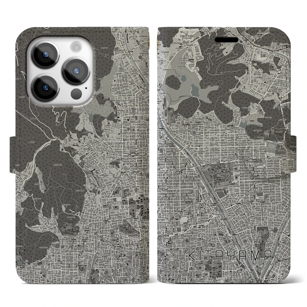 【北山(京都府)】地図柄iPhoneケース(手帳タイプ)モノトーン・iPhone 14 Pro 用